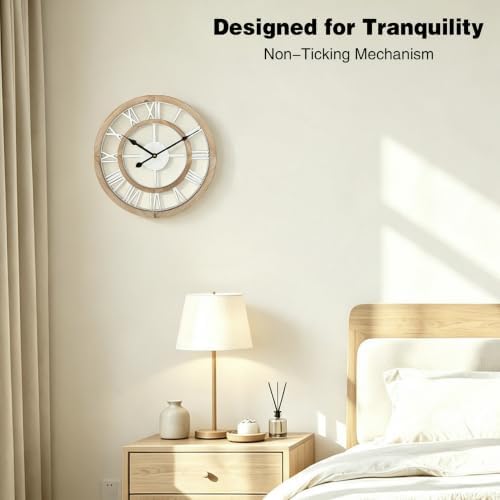 16 Inch Rustic Wall Clock Silent Non-Ticking Wooden Wall Clocks with Roman Numerals Farmhouse Decorative Clock for Living Room Bedroom Office (Light Lvory) - Image 5