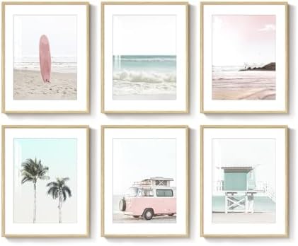 Framed Pink and Mint Green Coastal Beach Wall Art for Living Room, 11x14 In by Cuspin