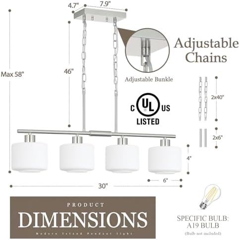 4-Light Brushed Nickel Kitchen Island Lighting, Modern Linear Dining Room Chandelier Light Fixtures with Milk Glass and Chain, Mid Century Hanging Lights for Kitchen Island, OS-YQ8153-4ISBNW - Image 3
