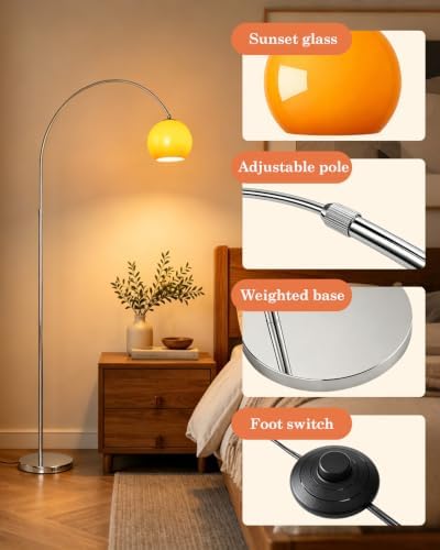 Arc Floor Lamp for Living Room, Orange Glass Shade Standing Lamp, Adjustable Height & Reach Arched Floor Lamp, Iron Tall Lamp with 3 Color Temperature Bulb, Foot Switch for Bedroom Office - Image 3