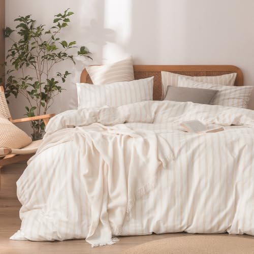 BESTOUCH Striped Cotton Duvet Cover Set Linen Feel Full by BESTOUCH