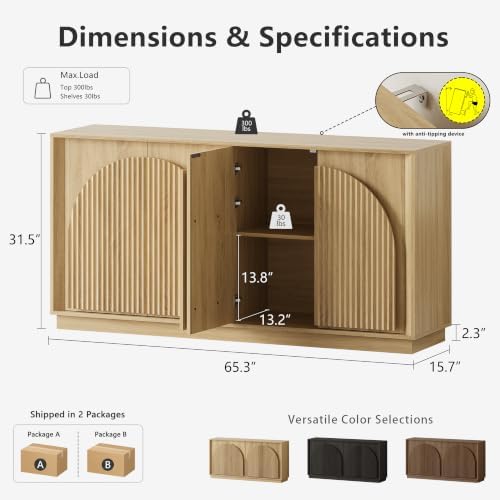 win2win 65" Sideboard Buffet Cabinet with Storage, Modular Credenza, Oak - Image 2
