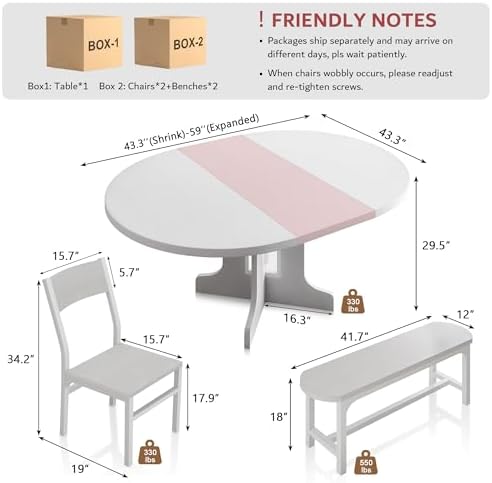 iPormis 5-Piece Round Dining Table Set for 4-6, 59" Extendable Dining Room Table Set with 2 Ergonomic Chairs & 2 Benches, Oval Modern Dinette Table with MDF Board and Metal Frame, Space-Saving, White - Image 2