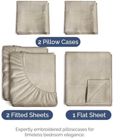 Split King Size 5 Piece Sheet Set - Breathable & Cooling - Heathered Beige - Image 2