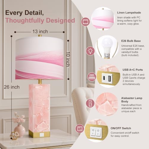 Scenekoy Pink Alabaster Table Lamp Set of 2 with Night Light for Bedroom - Image 2