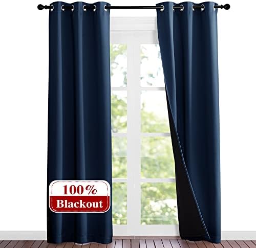 NICETOWN Complete 100% Blackout Curtain Set, Thermal Insulated & Energy Efficiency Window Draperies for Guest Room, Full Shading Panels for Shift Worker and Light Sleepers, Navy Blue, 37W x 84L, 2 Pcs by NICETOWN