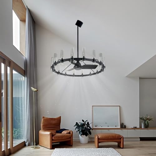 Black Ceiling Fans with 16 Lights Wagon Wheel Chandelier, 48 Inch Modern Farmhouse Fandelier, Quiet 6-Speed Reversible DC Motor, 1/2/4H Remote Timing for Living Room/Bedroom/Kitchen - Image 3