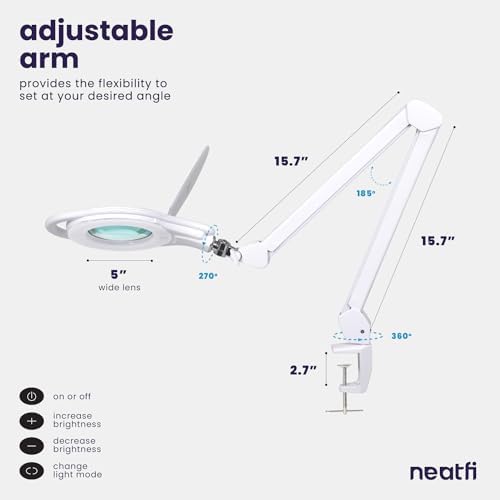 Neatfi 1,000 Lumens | LED Magnifying Lamp with Clamp | Dimmable | 3X Magnification | 3000K–6500K Light | Includes Microfiber Cloth | Light for Reading, Sewing & Crafts (White-4, 8-Diopter) - Image 6