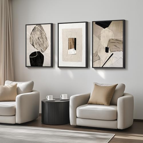 Large Framed Modern Neutral Abstract Wall Art, Set of 3, Total 60x30 In - Image 2