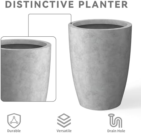 Kante 18.1",20.5",22.4" H Tall Round Concrete Planters Set of 3, Outdoor Indoor Modern Decorative Plant Pots with Drainage Hole & Rubber Plug for Home & Garden Natural Concrete - Image 5