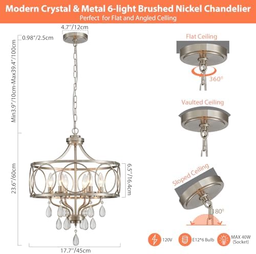 Crystal Chandeliers for Dining Room,17.7" Brushed Nickel 6 Lights Hanging Pendant Lighting Fixture Metal Farmhouse Chandelier for Kitchen Island Entryway Living Room - Image 3