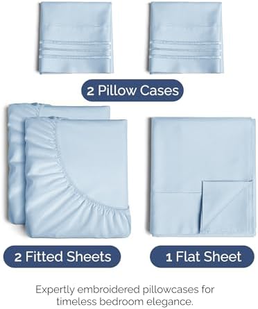 Split King Size 5 Piece Sheet Set - Breathable & Cooling Sheets - Sky Blue - Image 2