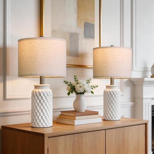 20.5" Small Bedside Lamps Set of 2, White Ceramic Nightstand Lamp by VORTETHER