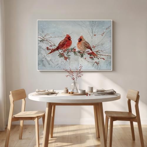 Framed Modern Red Bird Landscape Wall Art, Large Nature Animal Canvas Prints Paintings Artwork for Walls, Cardinal Farmhouse Pictures for Living Room Bedroom Dining Room Hallway Wall Decor 24x36 In - Image 4