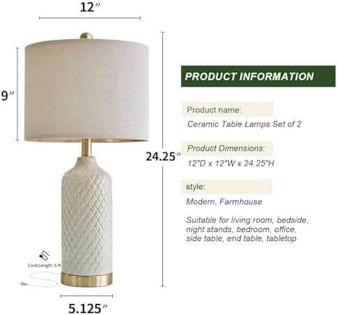 24.25" Table Lamps Set of 2 Modern White Ceramic Lamps Living Room Bedroom - Image 6