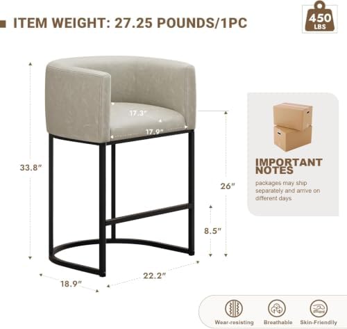 26" H Counter Height Bar Stools Set of 1, Modern Barrel Counter Stools with Backrest and Arms, Faux Leather Upholstered Accent Barstools for Kitchen Island,Support 450 LBS (Grayish White) - Image 2