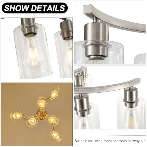 CNRATYE 6-Light Brushed Nickel Chandeliers for Dining Room Light Fixtures Over Table, Adjustable Height Hanging Industrial Pendant Lighting for Kitchen Island Bedroom, Clear Glass Shade - Image 7