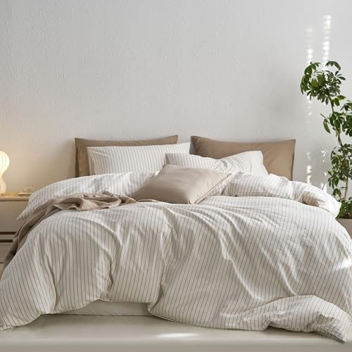 MooMee Striped Duvet Cover Set 100% Washed Cotton Linen Like Super Queen by MOOMEE