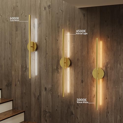 24" Battery Operated Wall Sconce Set of 2, 350° Rotating Lamp, Gold - Image 2