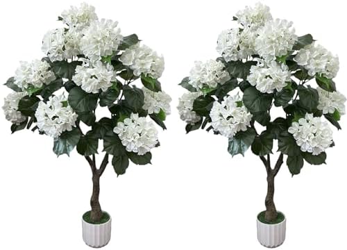 Artificial Hydrangea Tree 2 Pack, 4FT Faux Hydrangea Plant for Indoor & Outdoor Decor, Fake Hydrangea for Home Wedding Garden White by DOOUWANT