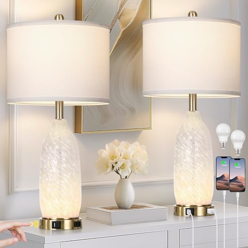 Rinweey 26" Modern Clear Glass Table Lamps Set of 2,Nightstand Lamp with USB A+C Ports & AC Outlet,Bedside Lamps with 3-Way Dimmable Touch Control Night Light for Bedroom Living Room(Bulbs Included) by Rinweey