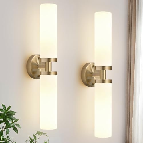 Indoi Wall Sconces Set of Two, Hardwired Brass Bathroom Sconces Wall Lighting with Milky White Glass, Modern Sconces Wall Decor Set of 2 Bathroom Light fixtures for Mirror Living Room Hallway Bedroom by Indoibrightenyourbathroom