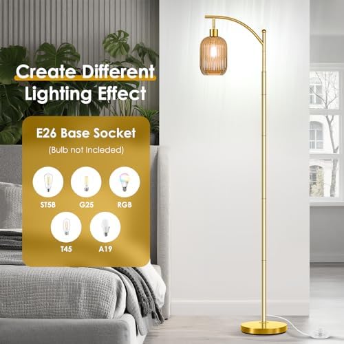 gernehop Glass Floor Lamp for Living Room, Modern Gold Standing Lamp with Ribbed Glass Lampshade Pedal Switch, 67” Tall Lamp for Bedroom Study Room - Image 5
