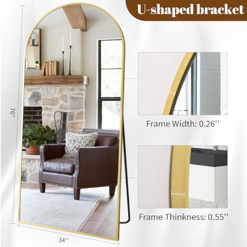 Koonmi 34"x76" Arched Full Length Mirror, Gold Large Floor Mirror with Aluminum Alloy Frame, Standing, Hanging or Leaning Wall-Mounted Vanity Mirror for Living Room and Bedroom - Image 4