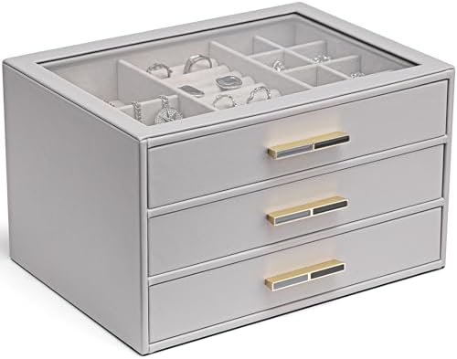 VLANDO Jewelry Box for Women, Glass Lid Jewelry Organizer with 3 Drawers for Necklaces Rings Earrings Bracelets - Grey by VLANDO