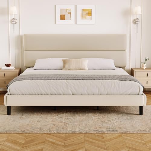 GRUSIGN King Size Platform Bed Frame with Velvet Headboard, Adjustable Height Wooden Slats Support, Upholstered Mattress Foundation, Fits Mattress or Mattress with Box Spring, Easy Assembly, Beige by GRUSIGN