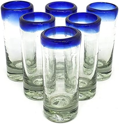 Cobalt Blue Rim 2 oz Tequila Shot Glasses (set of 6), Recycled Glass, Lead-free, Toxin-Free (Shot) by MexHandcraft