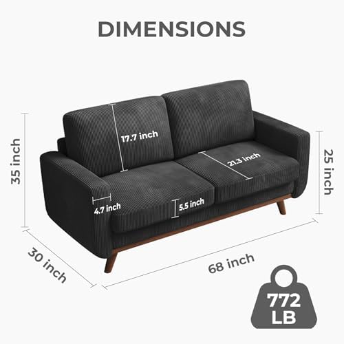 Vesgantti 68" Loveseat Sofa Black, Comfy Corduroy Couch with Spring Cushion and Solid Wood, Modern Extra Deep Seat for Bedroom, Living Room, Office - Image 2