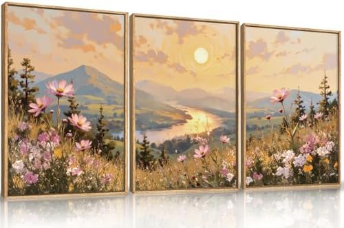 LHIUEM Large Boho Sunset Wildflower Framed Canvas Wall Art,Nature Pink Flower Wall Decor,Blossom Botanical Mountain Landscape Artwork for Living Room,Bedroom,Dining Room,Office -16"x24"x3 by LHIUEM