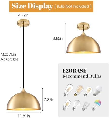 Gold Pendant Light 11.8", Industrial Dome Pendant Lights with Gold Interior, Adjustable Farmhouse Hanging Light for Kitchen Island Dining Room Bedroom Restaurant, 3 Pack - Image 2