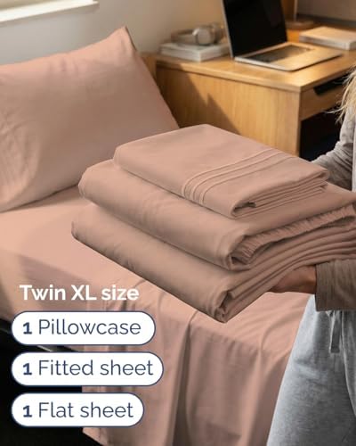 Twin XL 3 Piece Sheet Set - College Dorm Room Essentials - Mauve - Image 3