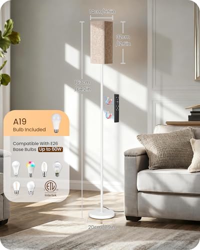64.2'' Dimmable Floor Lamp for Living Room with Remote and Foot Switch, Corner Floor Lamp for Bedroom, Includes 10W A19 Bulb, Modern Standing Tall Lamp, ETL Listed White and Beige WE17LD05 - Image 2