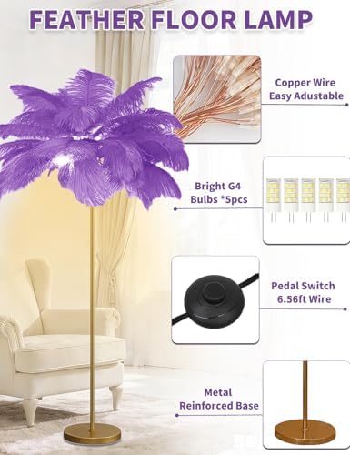 Feather Floor Lamp,Fluffy Ostrich Feather Floor Lamp for Bedroom,3 Color Temperatures Led Corner Modern Floor Lamps for Living Room Christmas Home Decor House Warming Gifts,63″ Height (Light Purple) - Image 4