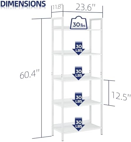 NUMENN Bookshelf, 5 Tier Freestanding Shelving Unit, White - Image 3