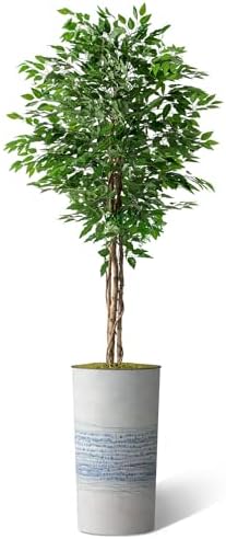 Artificial Tree in Blue Gray Industrial Line Pattern Planter, Fake Ficus Silk Tree for Indoor and Outdoor Home Decoration - 75" Overall Tall (Plant Pot Plus Tree) - Image 2