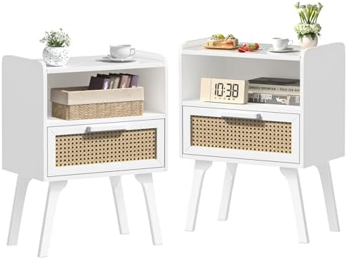 Lerliuo Rattan Nightstands Set of 2, Bedside Table with Drawer Open Shelf by Lerliuo