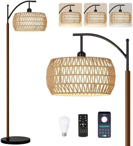 QIYIZM Rattan Floor Lamp for Living Room,Bedroom,Boho Standing Lamp with Remote Dimmable,Wood Vintage Mid Century Modern Black Tall Lamp Wicker Lamp Shade Floor Lights Bohemian Tiffany Style by QIYIZM