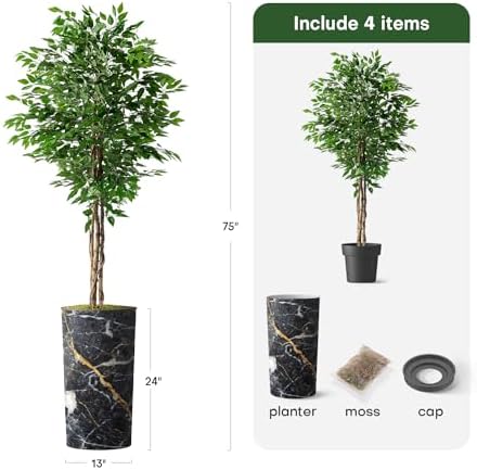 Artificial Tree in Modern Granite Effect Planter, Fake Ficus Silk Tree for Indoor and Outdoor Home Decoration - 75" Overall Tall (Plant Pot Plus Tree) - Image 3