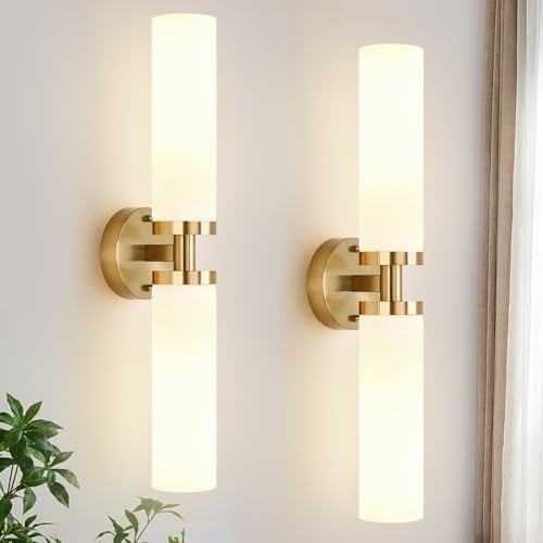 Wall Sconces Set of Two, Hardwired Brushed Gold Bathroom Sconces Wall Lighting with Milky White Glass, Modern Sconces Wall Decor Set of 2 Bathroom Light Fixtures for Mirror Living Room Hallway Bedroom by Indoibrightenyourbathroom