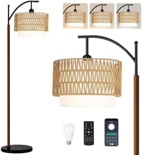 QIYIZM Boho Floor Lamp for Living Room,Bedroom,Rattan Standing Lamp with Remote Dimmable,Wood Vintage Mid Century Modern Black Tall Lamp Wicker Lamp Shade Floor Lights Bohemian Tiffany Style by QIYIZM