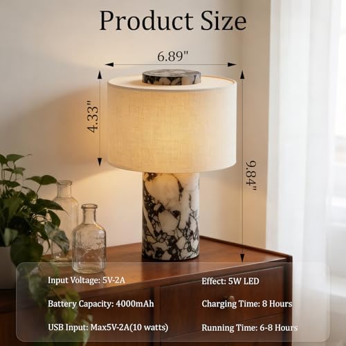 Cordless Marble Table Lamp with USB Port Rechargeable Battery Operated,Bedroom Nightstand Stone Base Touch Dimmable Night Light End Linen Lamp Shades for Side Contemporary Coastal Living Room - Image 2