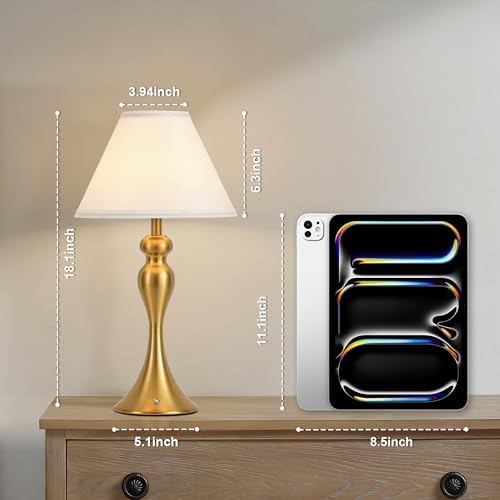 Cordless Table Lamp Rechargeable, Battery Night Light Fabric Shade, Brass - Image 2