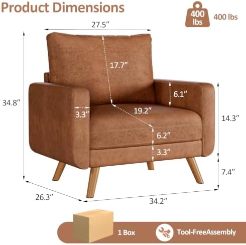 Oversized Accent Chair Set of 2, Mid Century Modern Accent Chairs for Living Room,Living Room Chairs, Bedroom Reading Chair with Widen Arm Rest, Cozy Single Sofa Chair, Camel - Image 2
