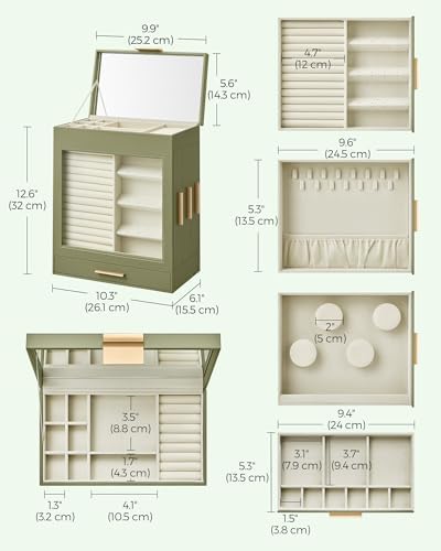 SONGMICS 5-Layer Jewelry Box with Glass Window, 3 Side Drawers - Image 6