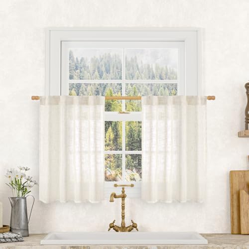 LAMIT Cream Linen Kitchen Curtains 30 Inch Length for Small Windows by LAMIT