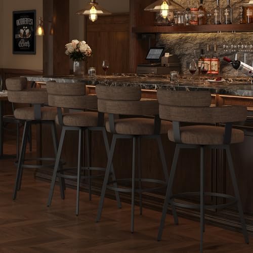 30 Inch Bar Stools Set of 2 with Full Back, Swivel Bar Chairs with Linen Padded Back, Metal Footrest, Modern Bar Height Stools for Kitchen Island, Dining, Living Room, Brown - Image 6